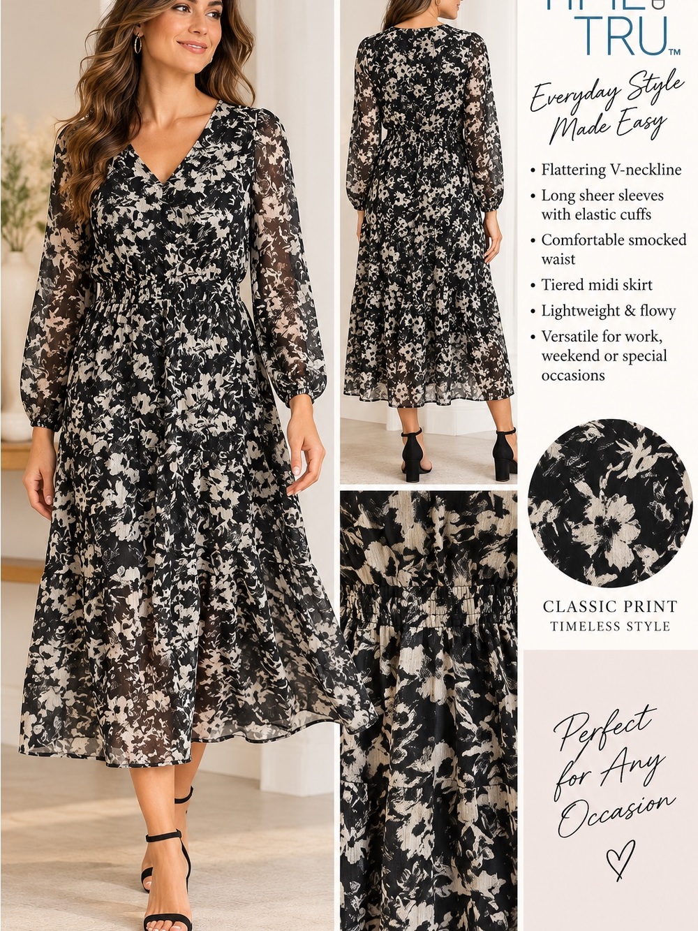 Time and Tru Women’s XS Black Ivory Floral Midi Dress Long Sleeve Tiered Boho